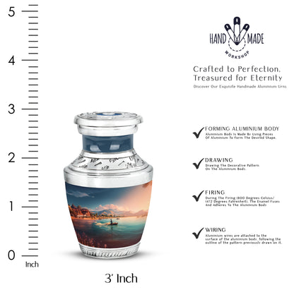 Celestial Blue Fishing Cremation Urn top-down view of secure threaded lid - contemporary fishing design with modern artistic flair - mini keepsake memorial for portion of cremation ashes