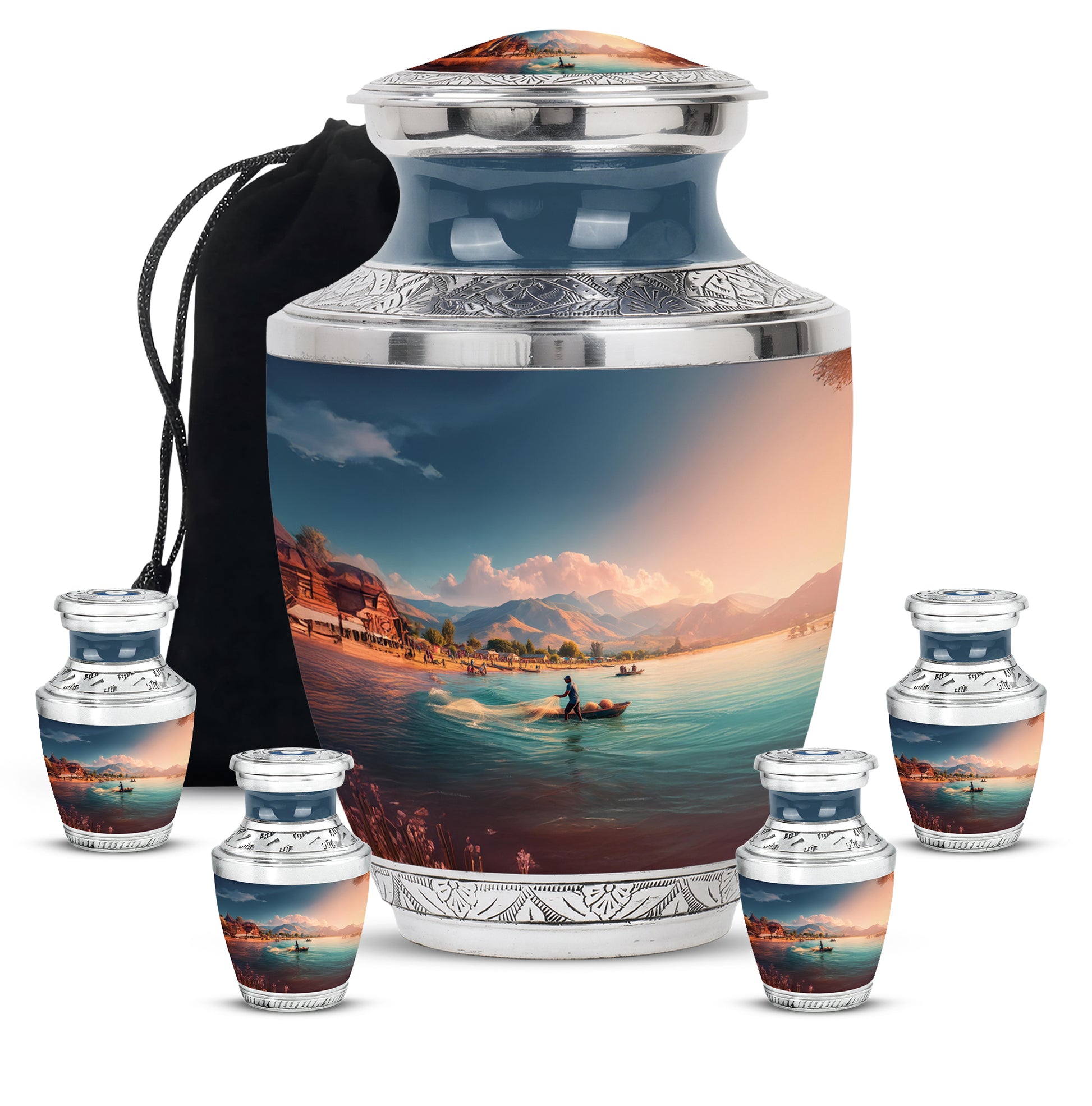 Azure Fishing Cremation Urn lifestyle display on memorial shelf - contemporary fishing design with modern artistic flair - memorial set with one large and four small urns