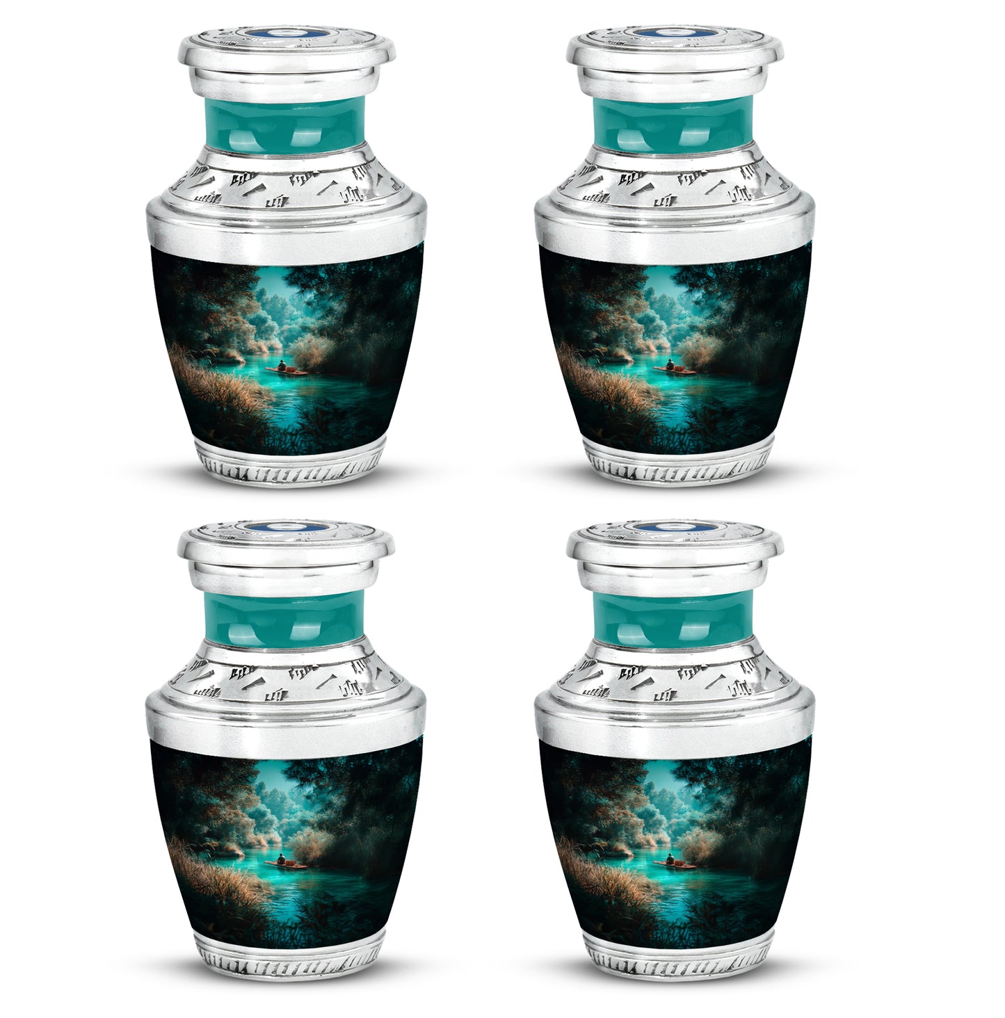 Tropical Teal Fishing Cremation Urn back view with polished surface - stylized abstract fishing pattern with bold lines - 10 inch aluminum urn for cremated remains