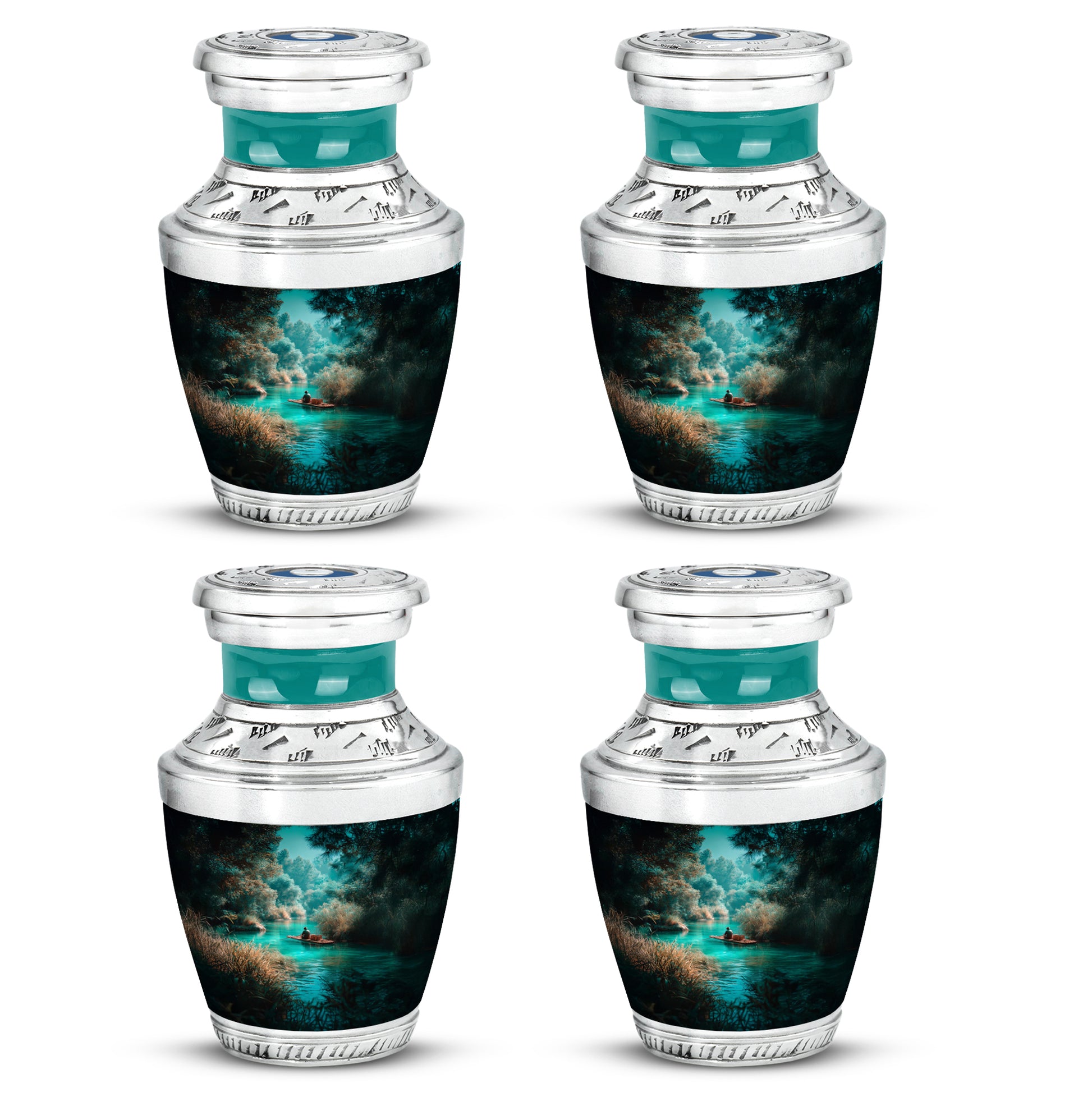 Tropical Teal Fishing Cremation Urn back view with polished surface - stylized abstract fishing pattern with bold lines - 10 inch aluminum urn for cremated remains