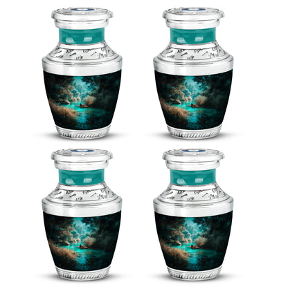 Tropical Teal Fishing Cremation Urn back view with polished surface - stylized abstract fishing pattern with bold lines - 10 inch aluminum urn for cremated remains