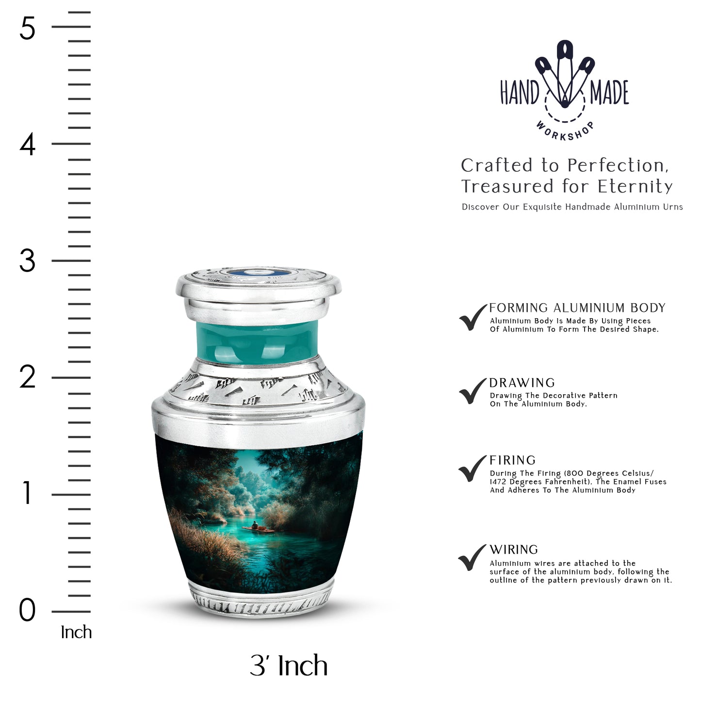 Aqua Teal Fishing Cremation Urn top-down view of secure threaded lid - stylized abstract fishing pattern with bold lines - mini keepsake memorial for portion of cremation ashes