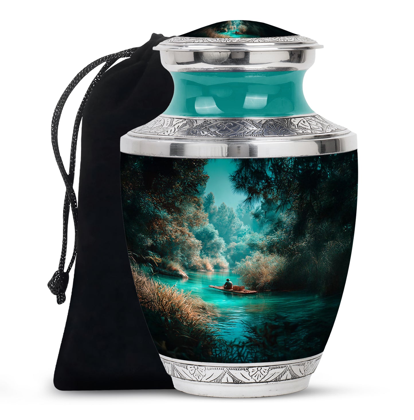 Deep Teal Fishing Cremation Urn side profile showing urn shape - stylized abstract fishing pattern with bold lines - full-size 10 inch 200 cubic inch adult cremation urn