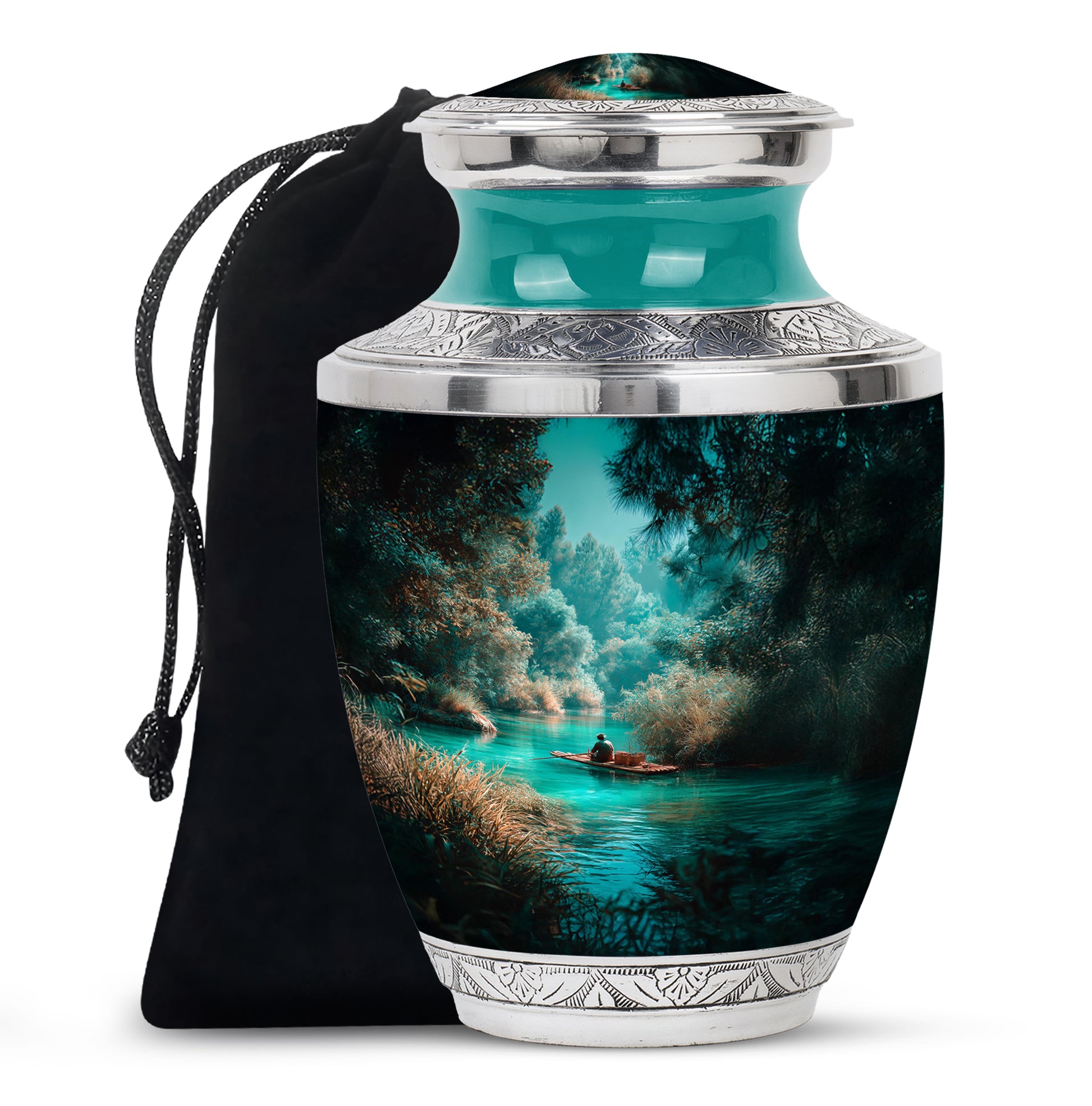 Deep Teal Fishing Cremation Urn side profile showing urn shape - stylized abstract fishing pattern with bold lines - full-size 10 inch 200 cubic inch adult cremation urn