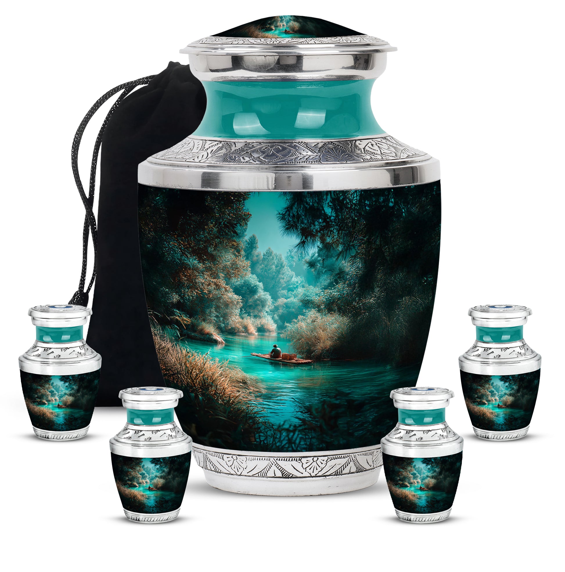 Mystic Teal Fishing Cremation Urn lifestyle display on memorial shelf - artistic fishing interpretation with creative detail - memorial set with one large and four small urns