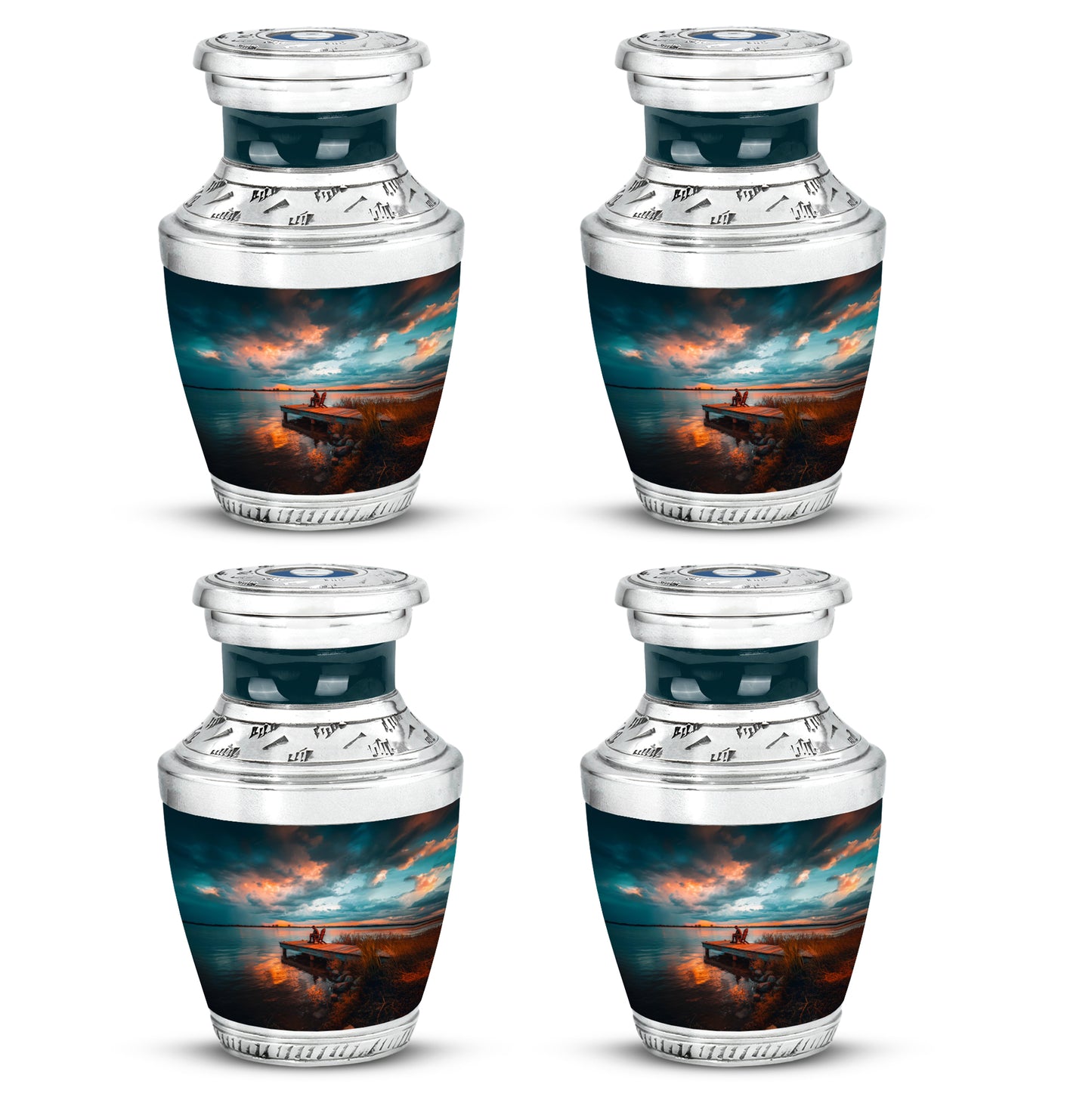 Mystic Teal Fishing Cremation Urn back view with polished surface - artistic fishing interpretation with creative detail - 10 inch aluminum urn for cremated remains