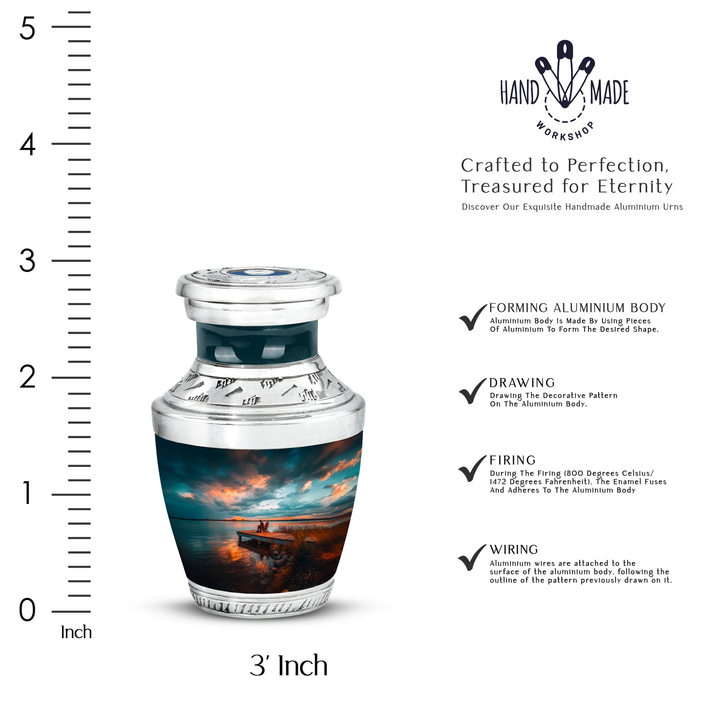Ocean Teal Fishing Cremation Urn top-down view of secure threaded lid - contemporary fishing design with modern artistic flair - mini keepsake memorial for portion of cremation ashes