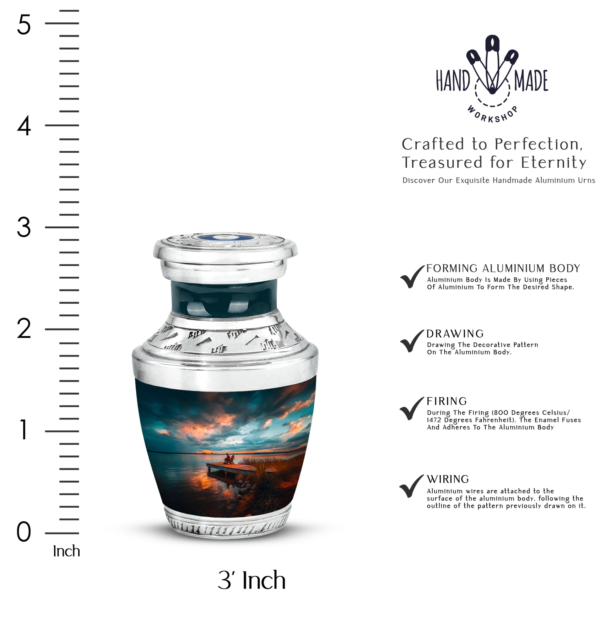 Ocean Teal Fishing Cremation Urn top-down view of secure threaded lid - contemporary fishing design with modern artistic flair - mini keepsake memorial for portion of cremation ashes