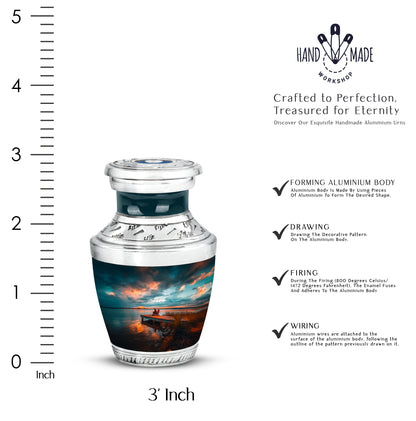 Ocean Teal Fishing Cremation Urn top-down view of secure threaded lid - contemporary fishing design with modern artistic flair - mini keepsake memorial for portion of cremation ashes