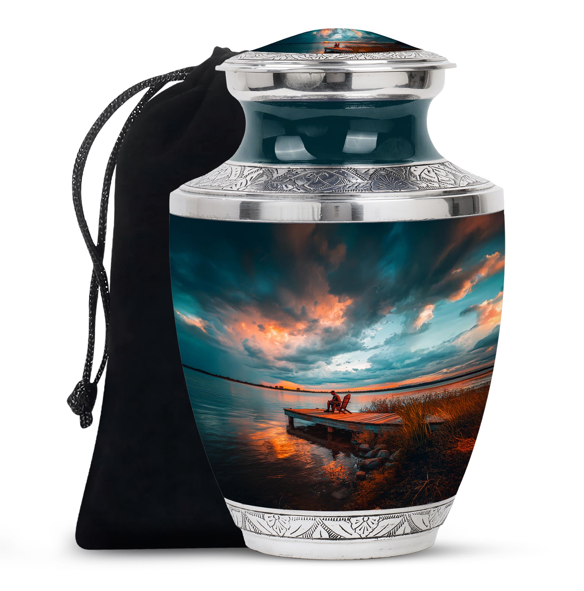 Cool Teal Fishing Cremation Urn side profile showing urn shape - contemporary fishing design with modern artistic flair - full-size 10 inch 200 cubic inch adult cremation urn