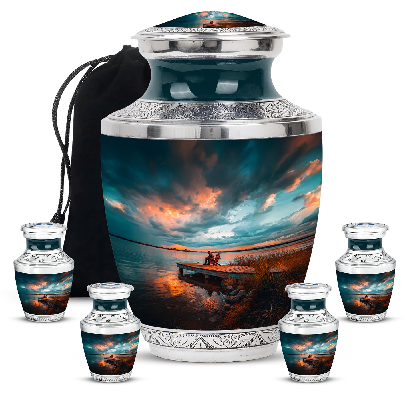 Soft Teal Fishing Cremation Urn lifestyle display on memorial shelf - modern art-inspired fishing motif on sleek aluminum - memorial set with one large and four small urns
