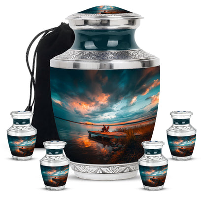 Soft Teal Fishing Cremation Urn lifestyle display on memorial shelf - modern art-inspired fishing motif on sleek aluminum - memorial set with one large and four small urns