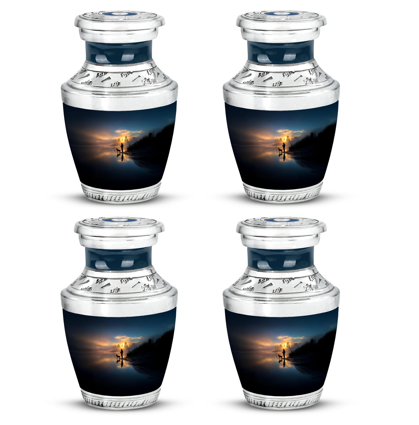 Serene Blue Fishing Cremation Urn back view with polished surface - artistic fishing interpretation with creative detail - 10 inch aluminum urn for cremated remains