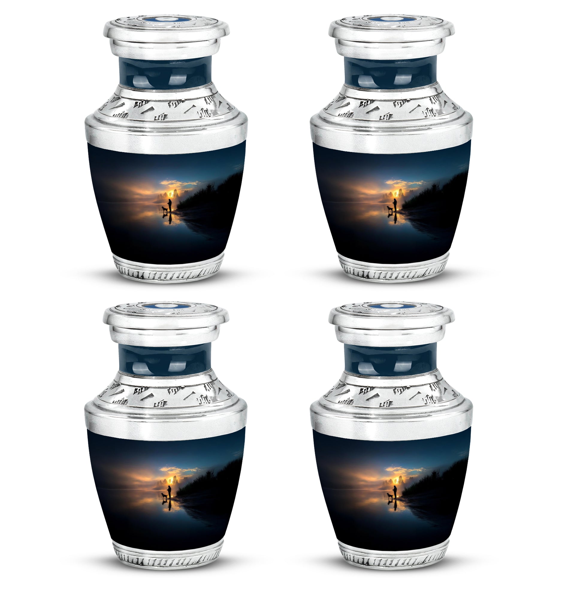 Serene Blue Fishing Cremation Urn back view with polished surface - artistic fishing interpretation with creative detail - 10 inch aluminum urn for cremated remains
