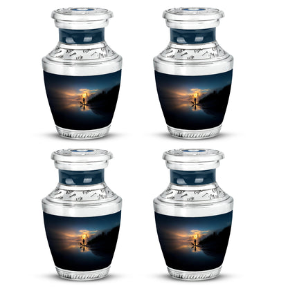 Serene Blue Fishing Cremation Urn back view with polished surface - artistic fishing interpretation with creative detail - 10 inch aluminum urn for cremated remains