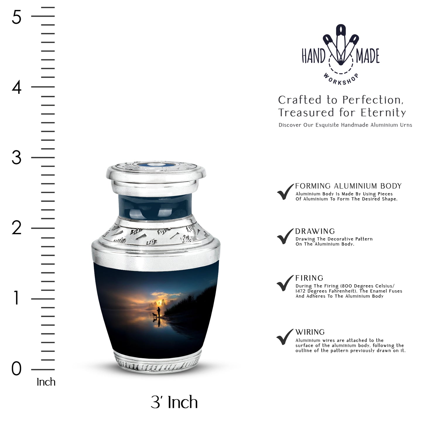 Twilight Blue Fishing Cremation Urn top-down view of secure threaded lid - stylized abstract fishing pattern with bold lines - mini keepsake memorial for portion of cremation ashes
