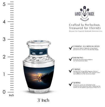 Twilight Blue Fishing Cremation Urn top-down view of secure threaded lid - stylized abstract fishing pattern with bold lines - mini keepsake memorial for portion of cremation ashes