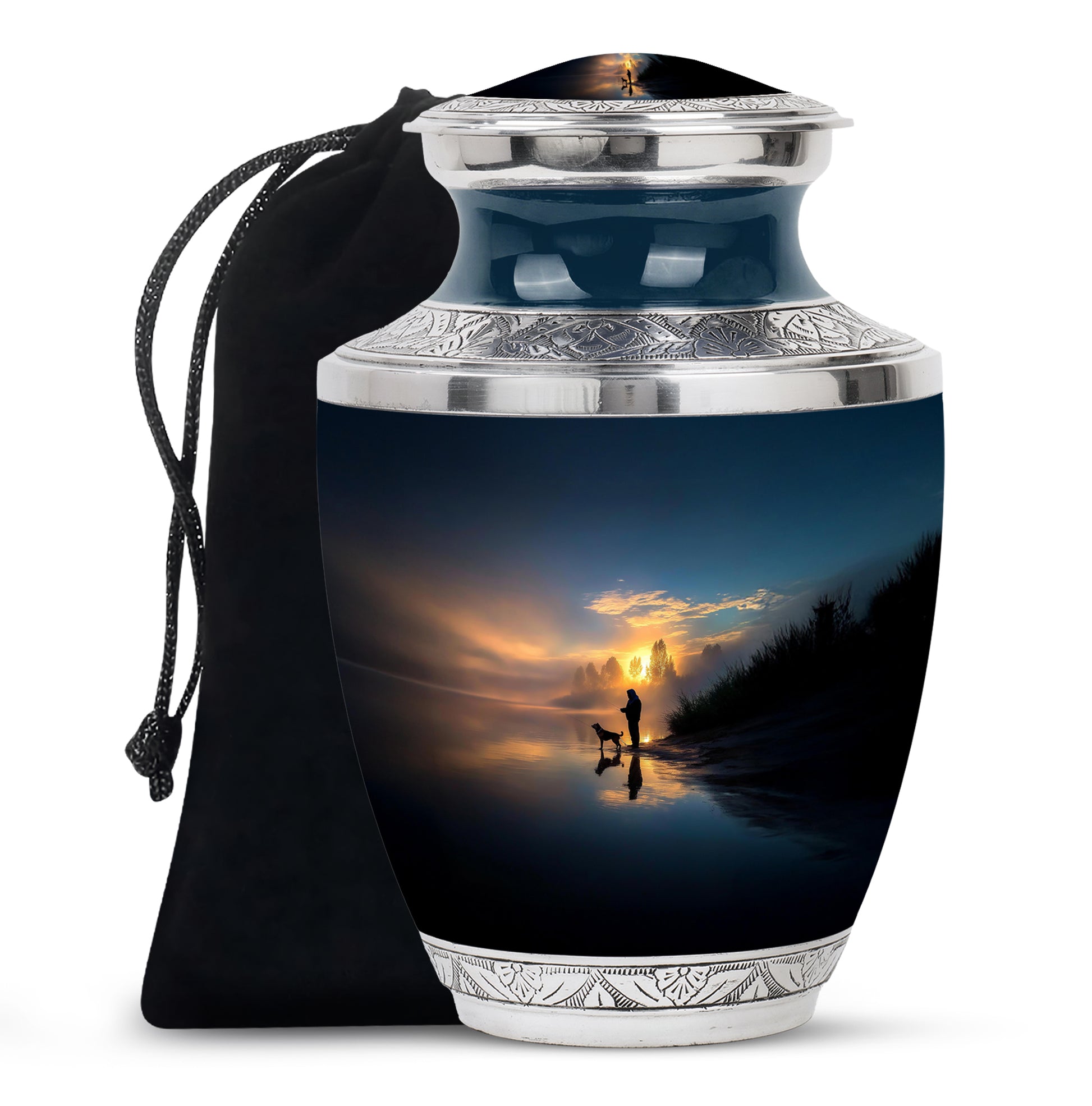 Royal Blue Fishing Cremation Urn side profile showing urn shape - artistic fishing interpretation with creative detail - full-size 10 inch 200 cubic inch adult cremation urn