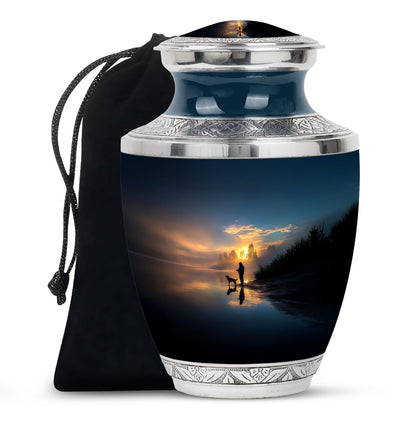 Royal Blue Fishing Cremation Urn side profile showing urn shape - artistic fishing interpretation with creative detail - full-size 10 inch 200 cubic inch adult cremation urn