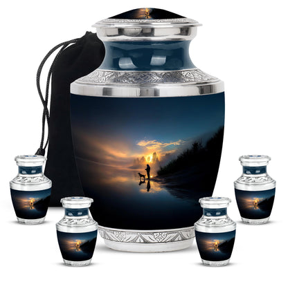 Cobalt Blue Fishing Cremation Urn lifestyle display on memorial shelf - artistic fishing interpretation with creative detail - memorial set with one large and four small urns