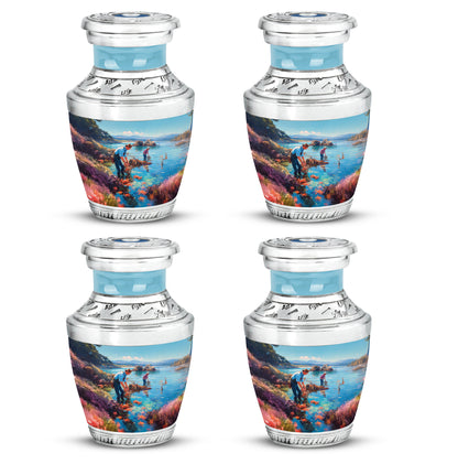 Mystic Teal Fishing Cremation Urn back view with polished surface - artistic fishing interpretation with creative detail - 10 inch aluminum urn for cremated remains