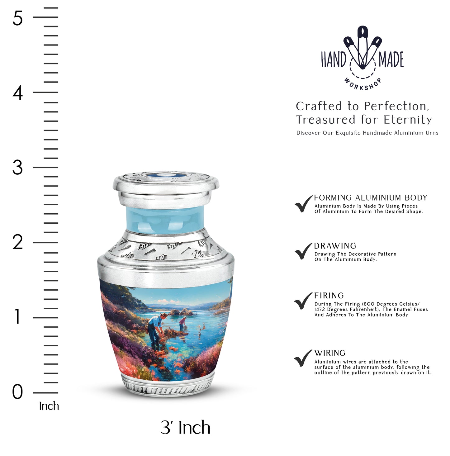 Jewel Teal Fishing Cremation Urn top-down view of secure threaded lid - modern art-inspired fishing motif on sleek aluminum - mini keepsake memorial for portion of cremation ashes