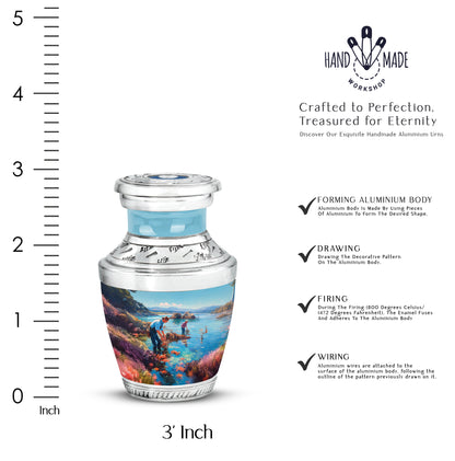 Jewel Teal Fishing Cremation Urn top-down view of secure threaded lid - modern art-inspired fishing motif on sleek aluminum - mini keepsake memorial for portion of cremation ashes
