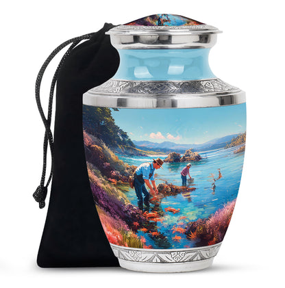 Cool Teal Fishing Cremation Urn side profile showing urn shape - modern art-inspired fishing motif on sleek aluminum - full-size 10 inch 200 cubic inch adult cremation urn