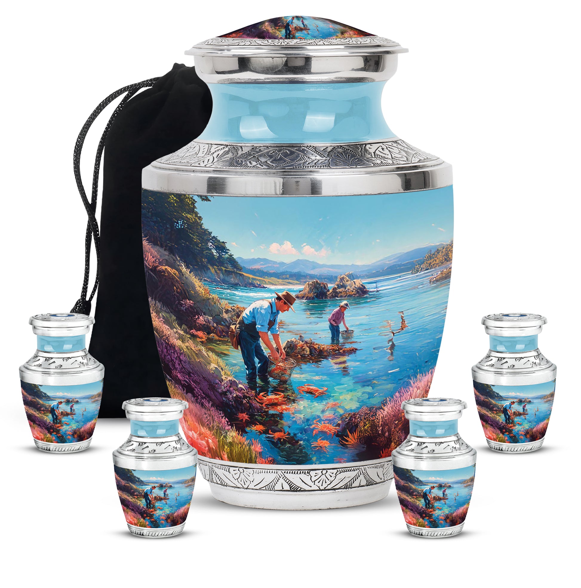 Jewel Teal Fishing Cremation Urn lifestyle display on memorial shelf - modern art-inspired fishing motif on sleek aluminum - memorial set with one large and four small urns