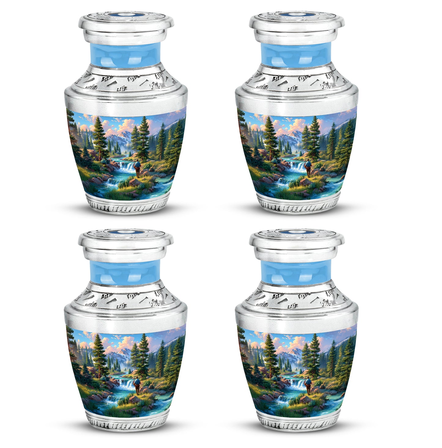 Dusty Blue Fishing Cremation Urn back view with polished surface - modern art-inspired fishing motif on sleek aluminum - 10 inch aluminum urn for cremated remains