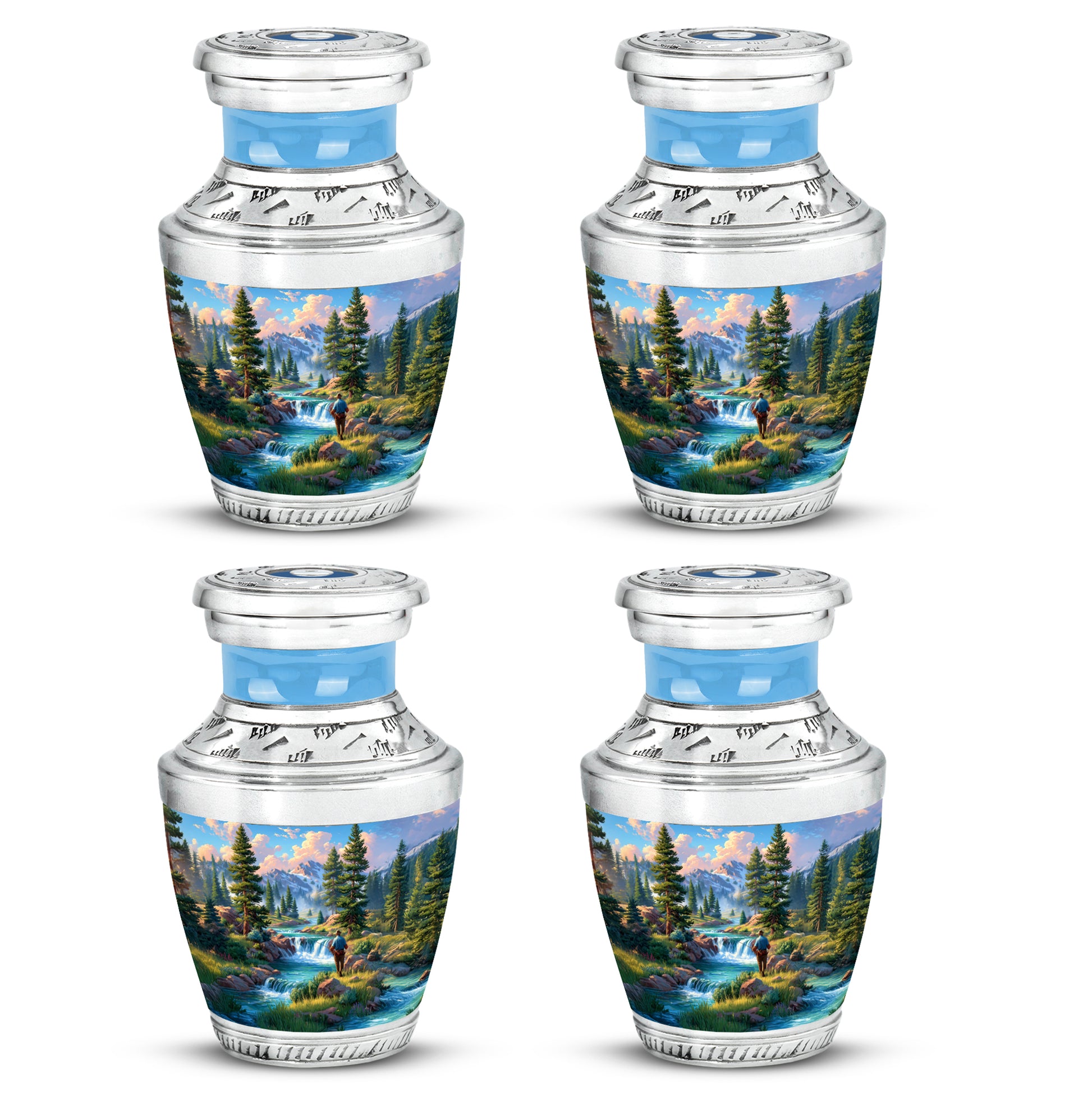 Dusty Blue Fishing Cremation Urn back view with polished surface - modern art-inspired fishing motif on sleek aluminum - 10 inch aluminum urn for cremated remains