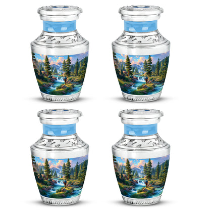 Dusty Blue Fishing Cremation Urn back view with polished surface - modern art-inspired fishing motif on sleek aluminum - 10 inch aluminum urn for cremated remains