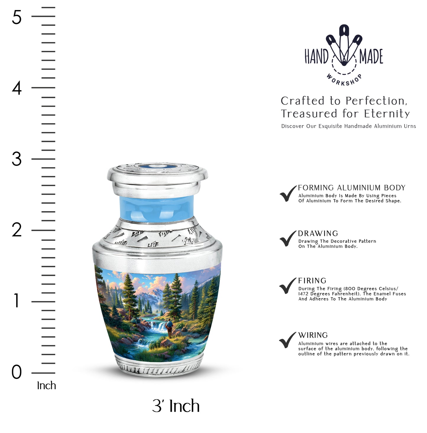 Powder Blue Fishing Cremation Urn top-down view of secure threaded lid - contemporary fishing design with modern artistic flair - mini keepsake memorial for portion of cremation ashes