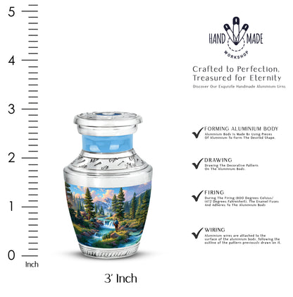 Powder Blue Fishing Cremation Urn top-down view of secure threaded lid - contemporary fishing design with modern artistic flair - mini keepsake memorial for portion of cremation ashes