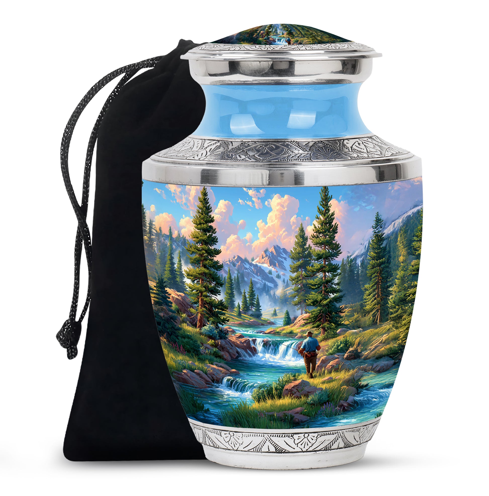 Bright Blue Fishing Cremation Urn side profile showing urn shape - artistic fishing interpretation with creative detail - full-size 10 inch 200 cubic inch adult cremation urn