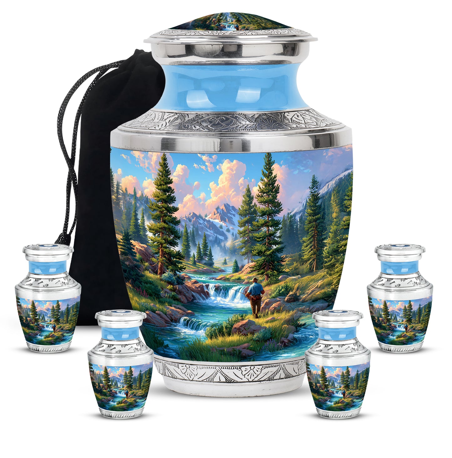 Twilight Blue Fishing Cremation Urn lifestyle display on memorial shelf - stylized abstract fishing pattern with bold lines - memorial set with one large and four small urns