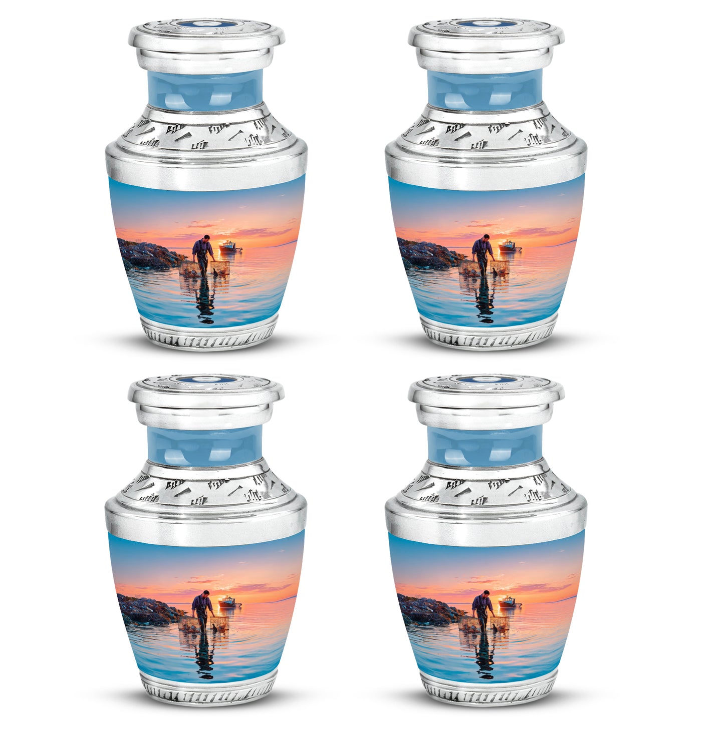 Sky Blue Fishing Cremation Urn back view with polished surface - contemporary fishing design with modern artistic flair - 10 inch aluminum urn for cremated remains