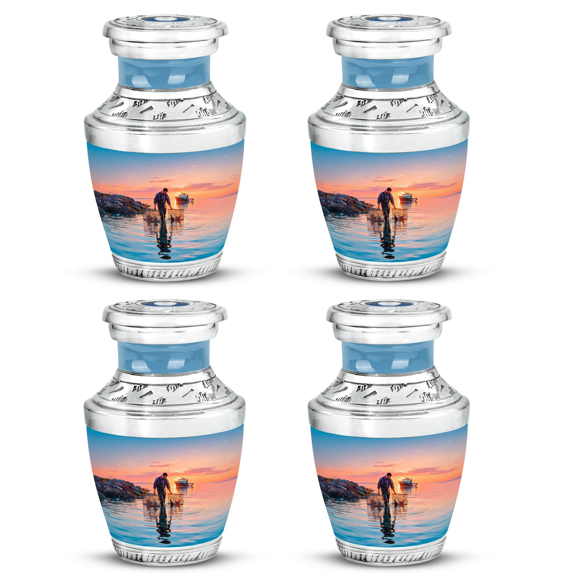 Sky Blue Fishing Cremation Urn back view with polished surface - contemporary fishing design with modern artistic flair - 10 inch aluminum urn for cremated remains