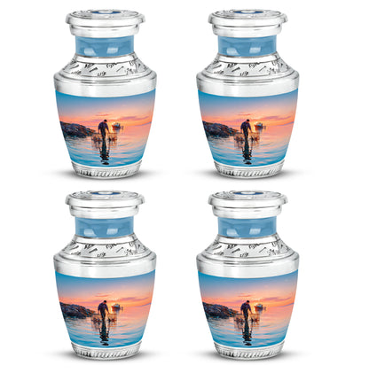 Sky Blue Fishing Cremation Urn back view with polished surface - contemporary fishing design with modern artistic flair - 10 inch aluminum urn for cremated remains