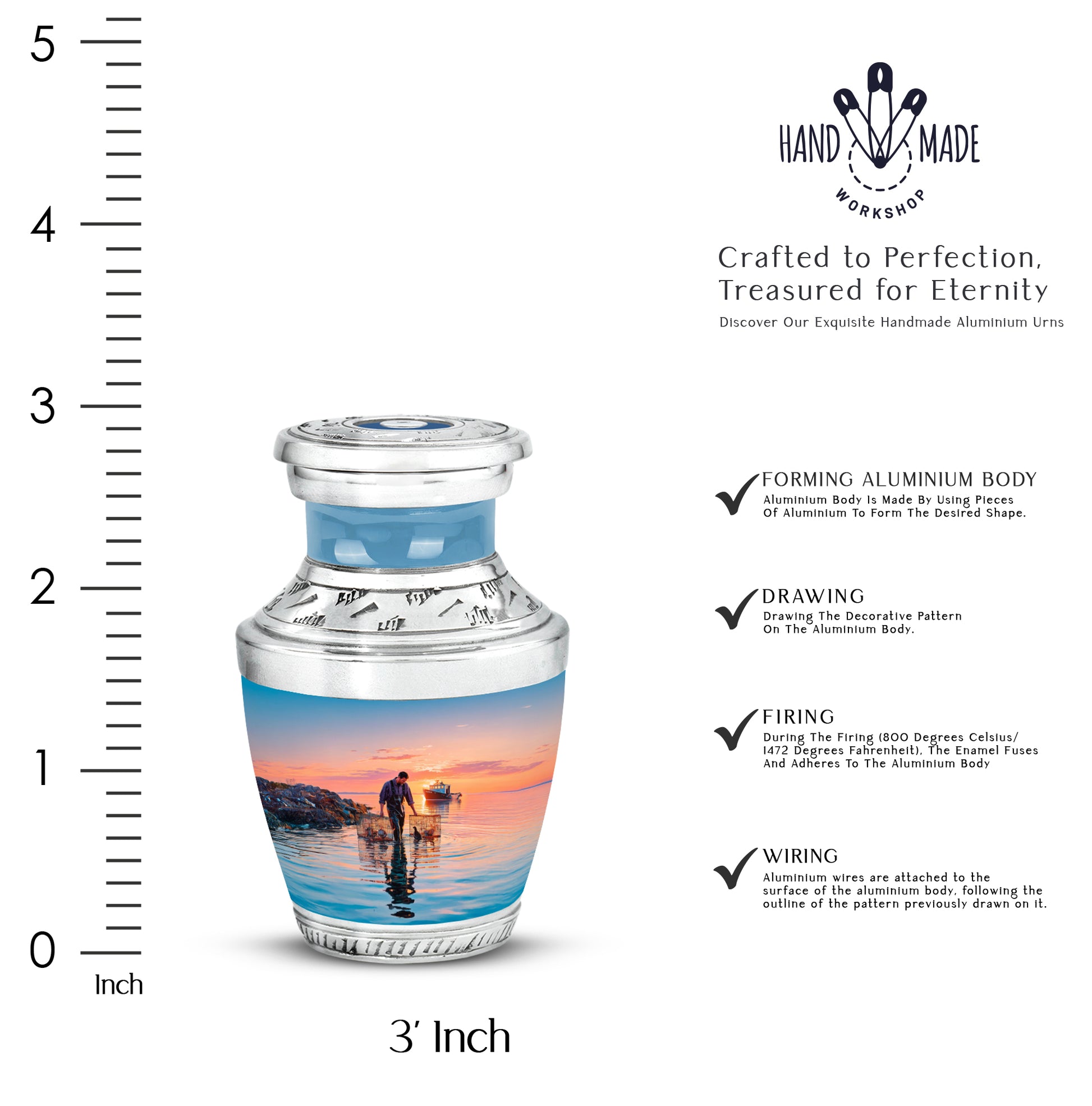 Calming Blue Fishing Cremation Urn top-down view of secure threaded lid - artistic fishing interpretation with creative detail - mini keepsake memorial for portion of cremation ashes