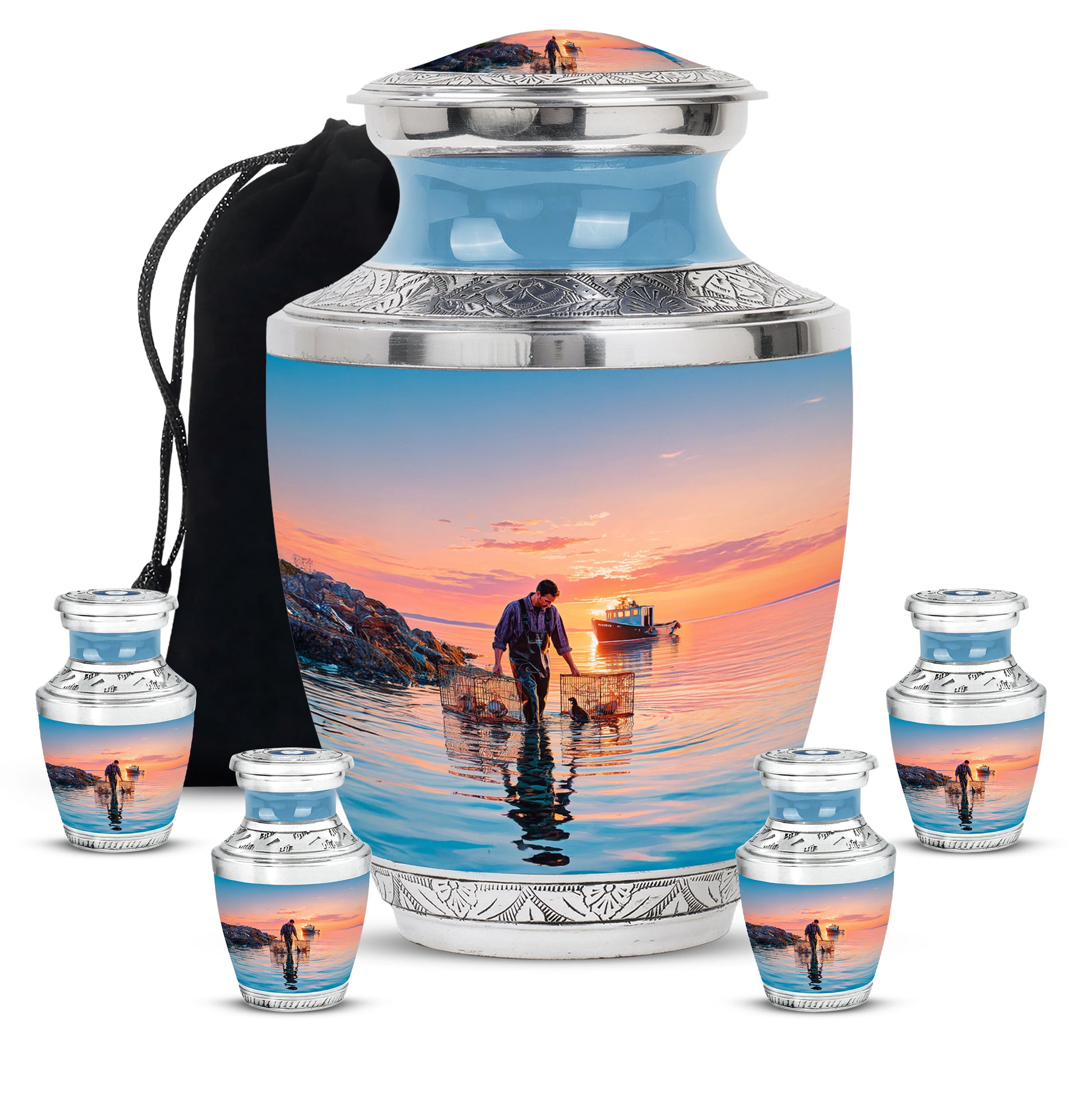 Calming Blue Fishing Cremation Urn lifestyle display on memorial shelf - artistic fishing interpretation with creative detail - memorial set with one large and four small urns