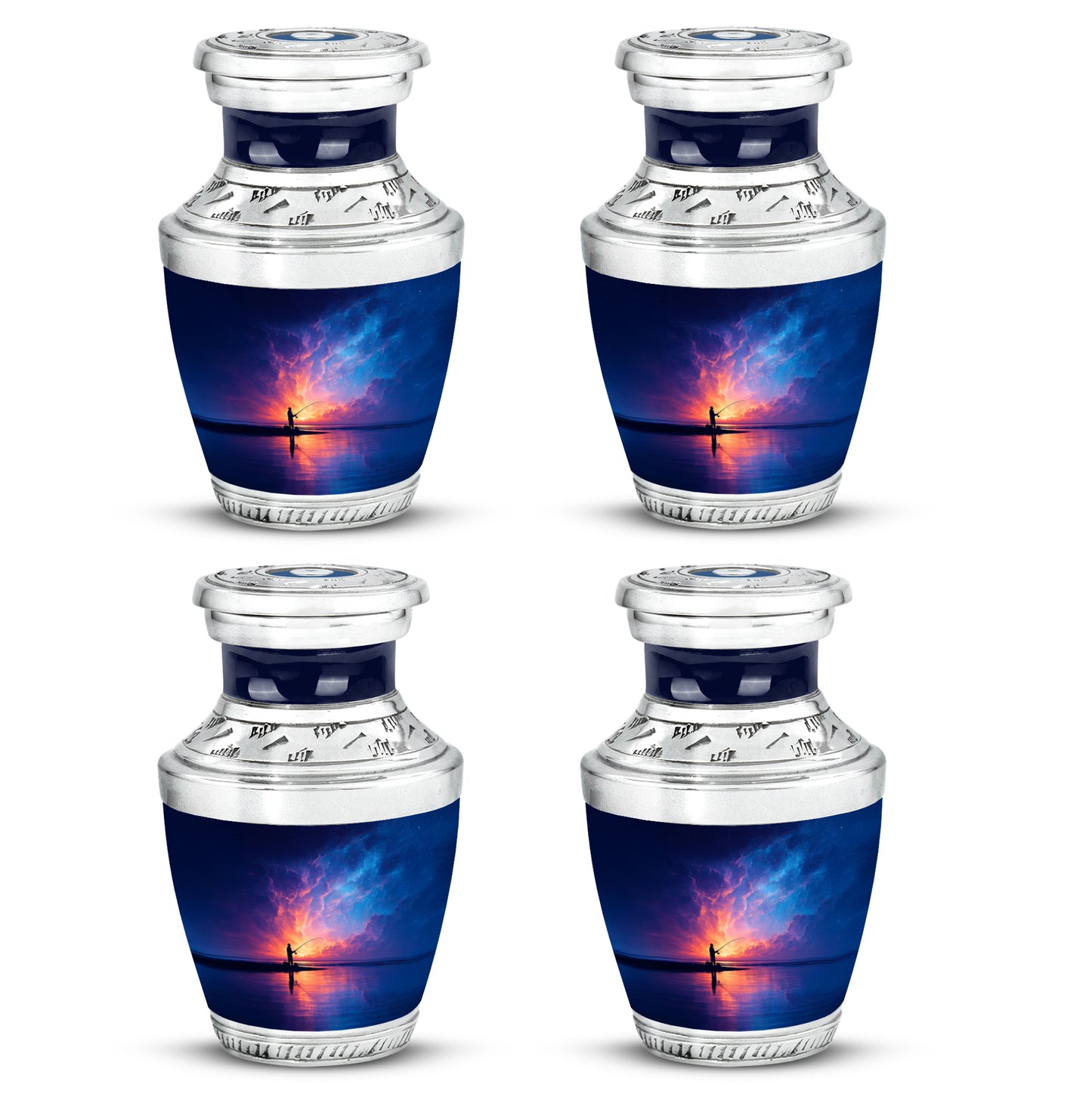 Sapphire Blue Fishing Cremation Urn back view with polished surface - artistic fishing interpretation with creative detail - 10 inch aluminum urn for cremated remains