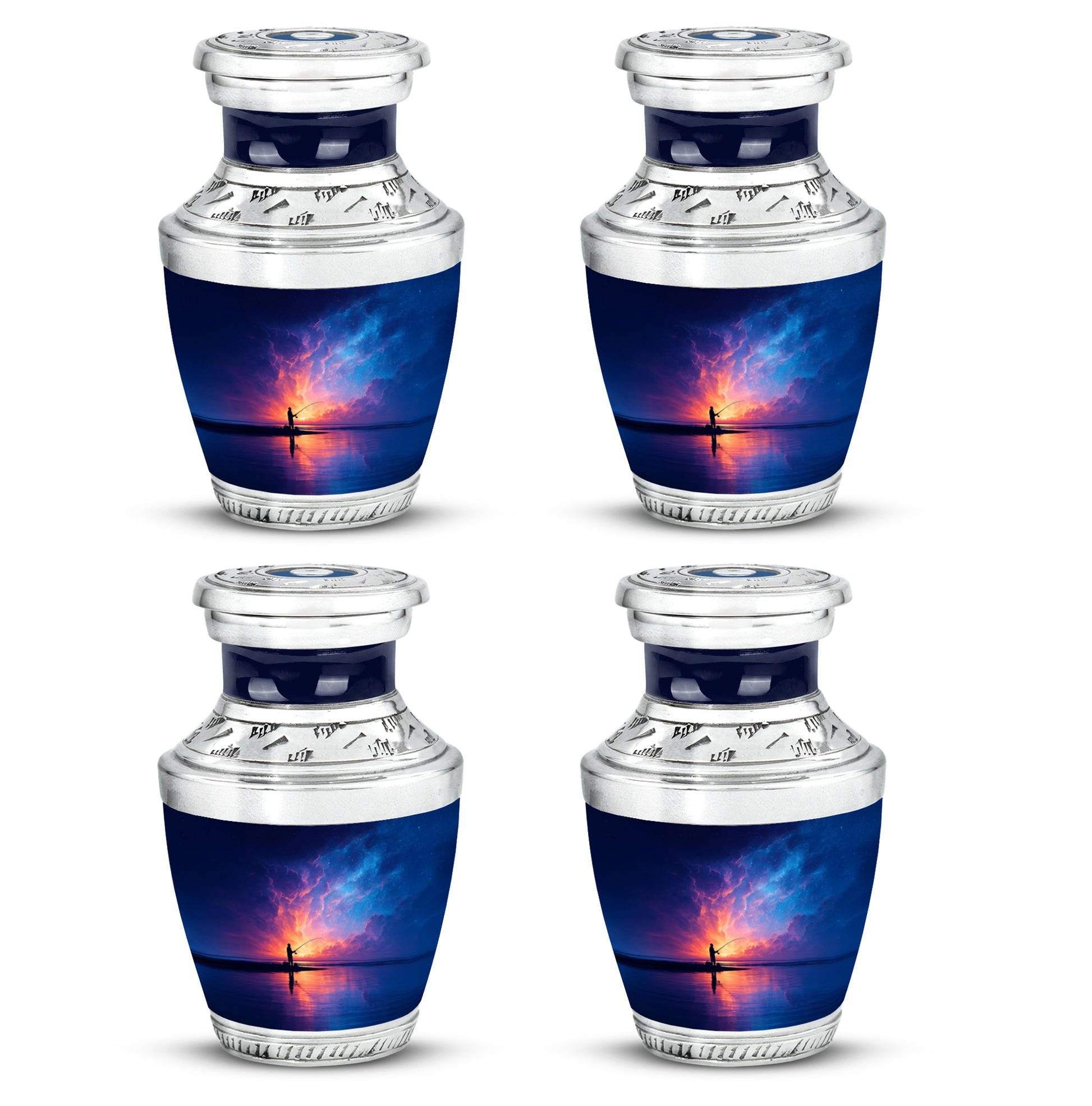 Sapphire Blue Fishing Cremation Urn back view with polished surface - artistic fishing interpretation with creative detail - 10 inch aluminum urn for cremated remains