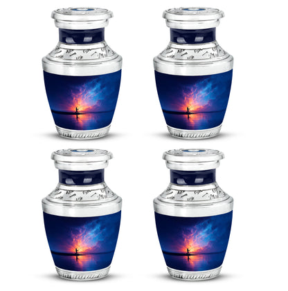 Sapphire Blue Fishing Cremation Urn back view with polished surface - artistic fishing interpretation with creative detail - 10 inch aluminum urn for cremated remains