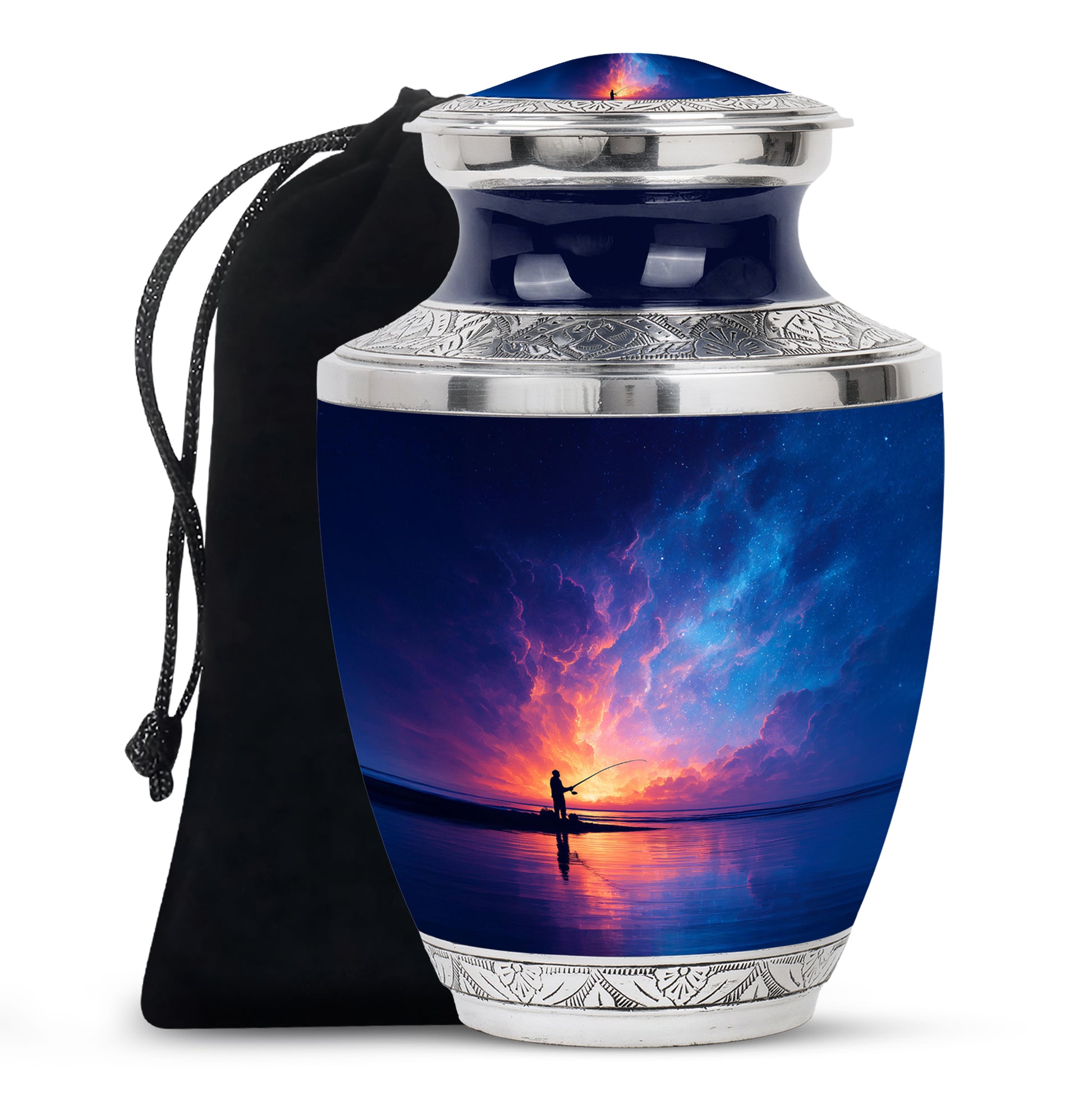 Azure Fishing Cremation Urn side profile showing urn shape - modern art-inspired fishing motif on sleek aluminum - full-size 10 inch 200 cubic inch adult cremation urn