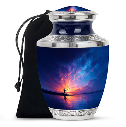 Azure Fishing Cremation Urn side profile showing urn shape - modern art-inspired fishing motif on sleek aluminum - full-size 10 inch 200 cubic inch adult cremation urn