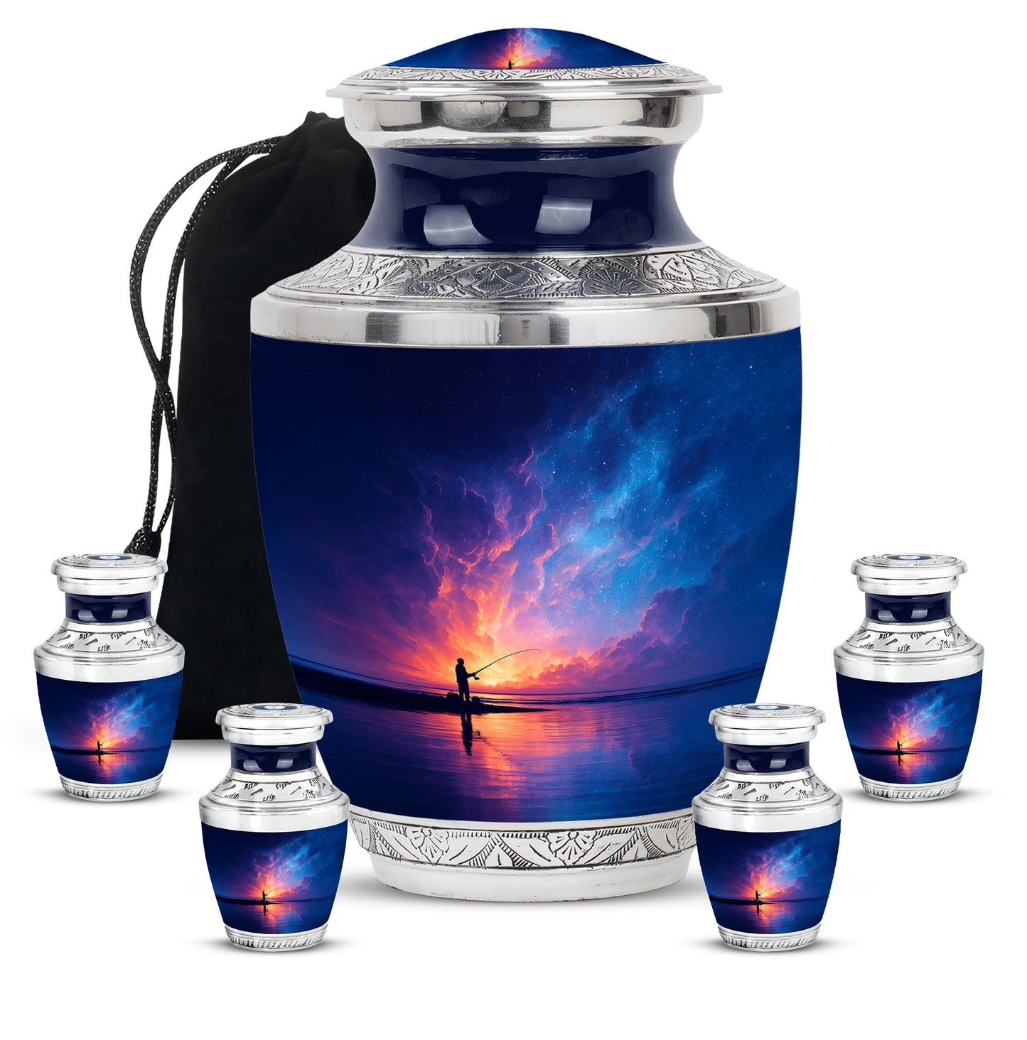 Misty Blue Fishing Cremation Urn lifestyle display on memorial shelf - modern art-inspired fishing motif on sleek aluminum - memorial set with one large and four small urns