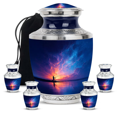 Misty Blue Fishing Cremation Urn lifestyle display on memorial shelf - modern art-inspired fishing motif on sleek aluminum - memorial set with one large and four small urns