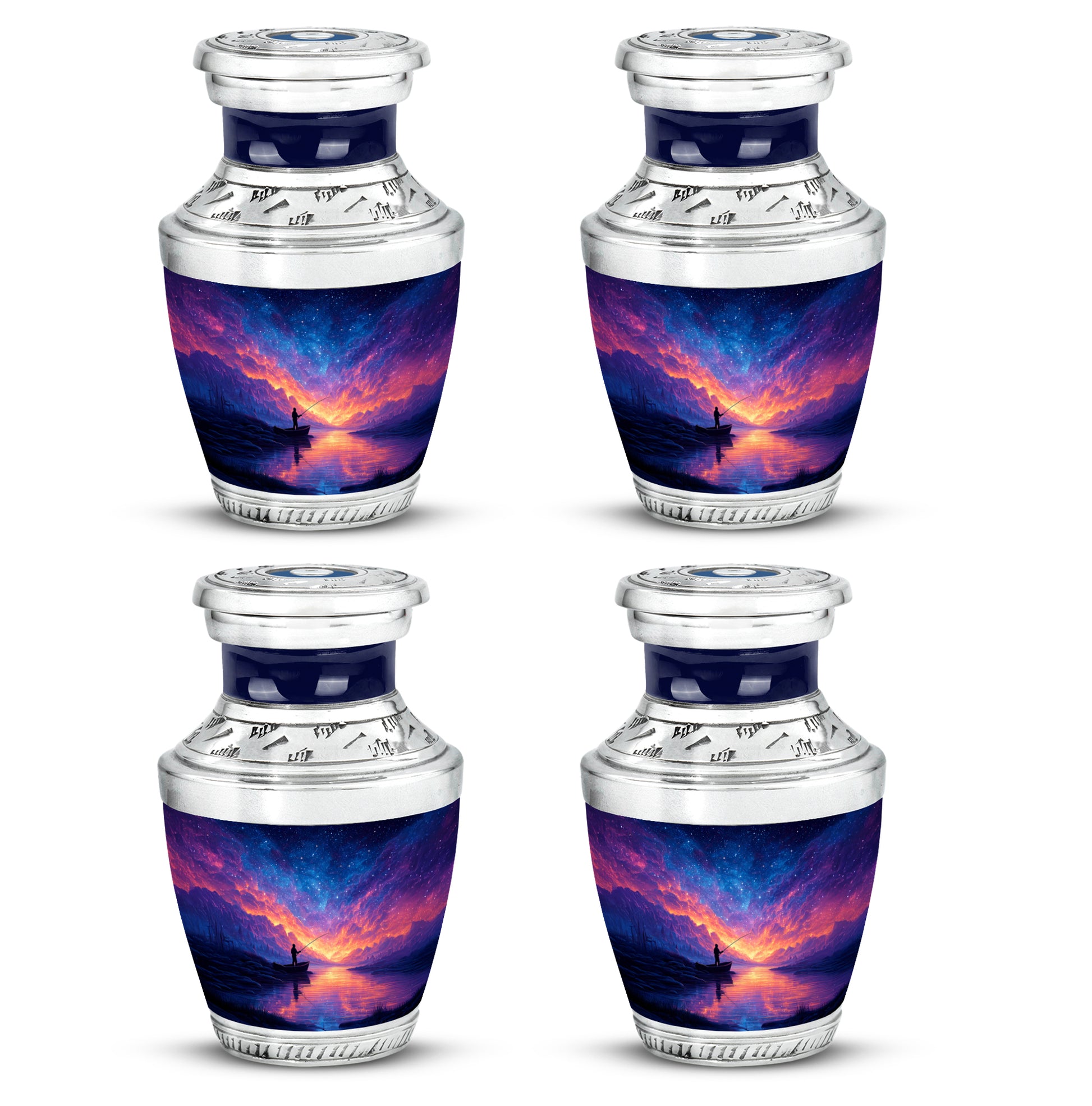 Serene Blue Fishing Cremation Urn back view with polished surface - stylized abstract fishing pattern with bold lines - 10 inch aluminum urn for cremated remains