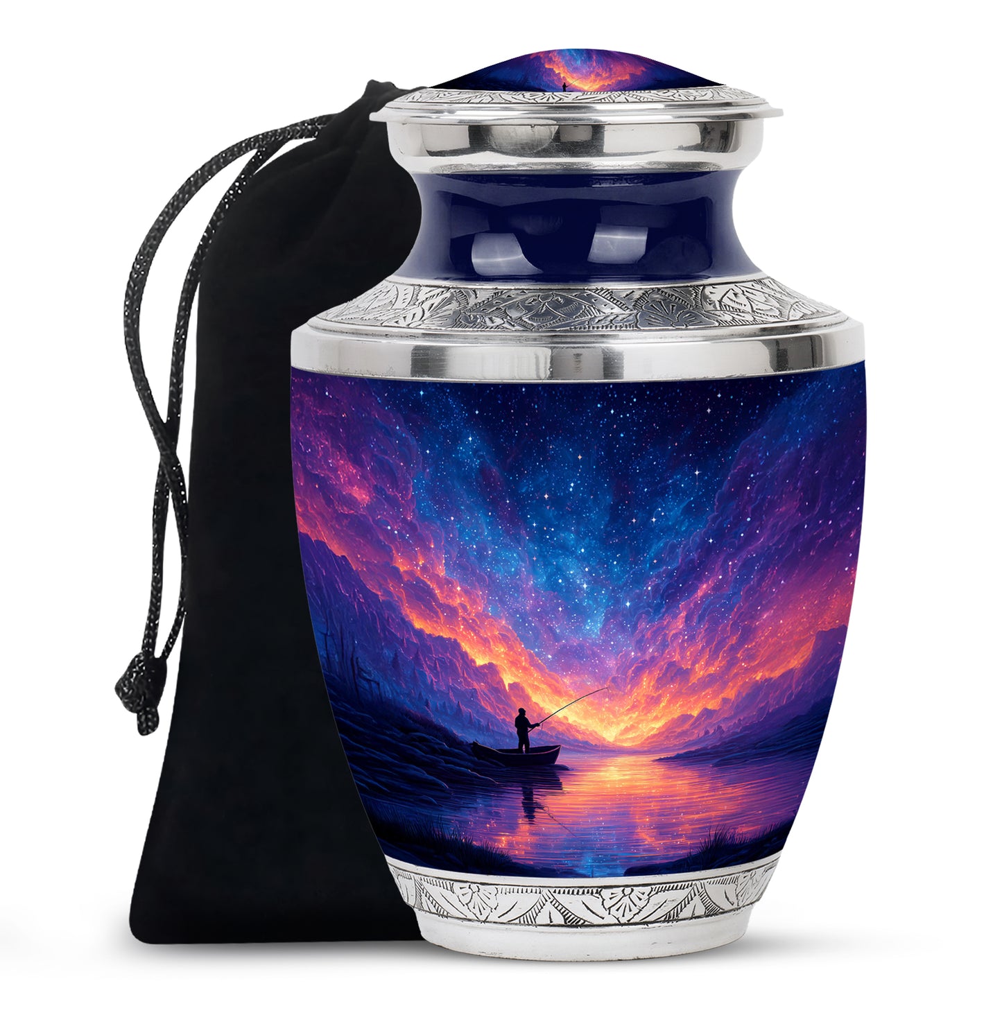 Bright Blue Fishing Cremation Urn side profile showing urn shape - artistic fishing interpretation with creative detail - full-size 10 inch 200 cubic inch adult cremation urn